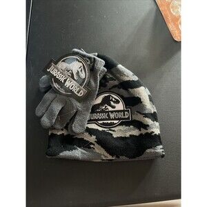 Jurassic World Gray and Black Camo Hat And Gloves Set-NEW WITH TAGS